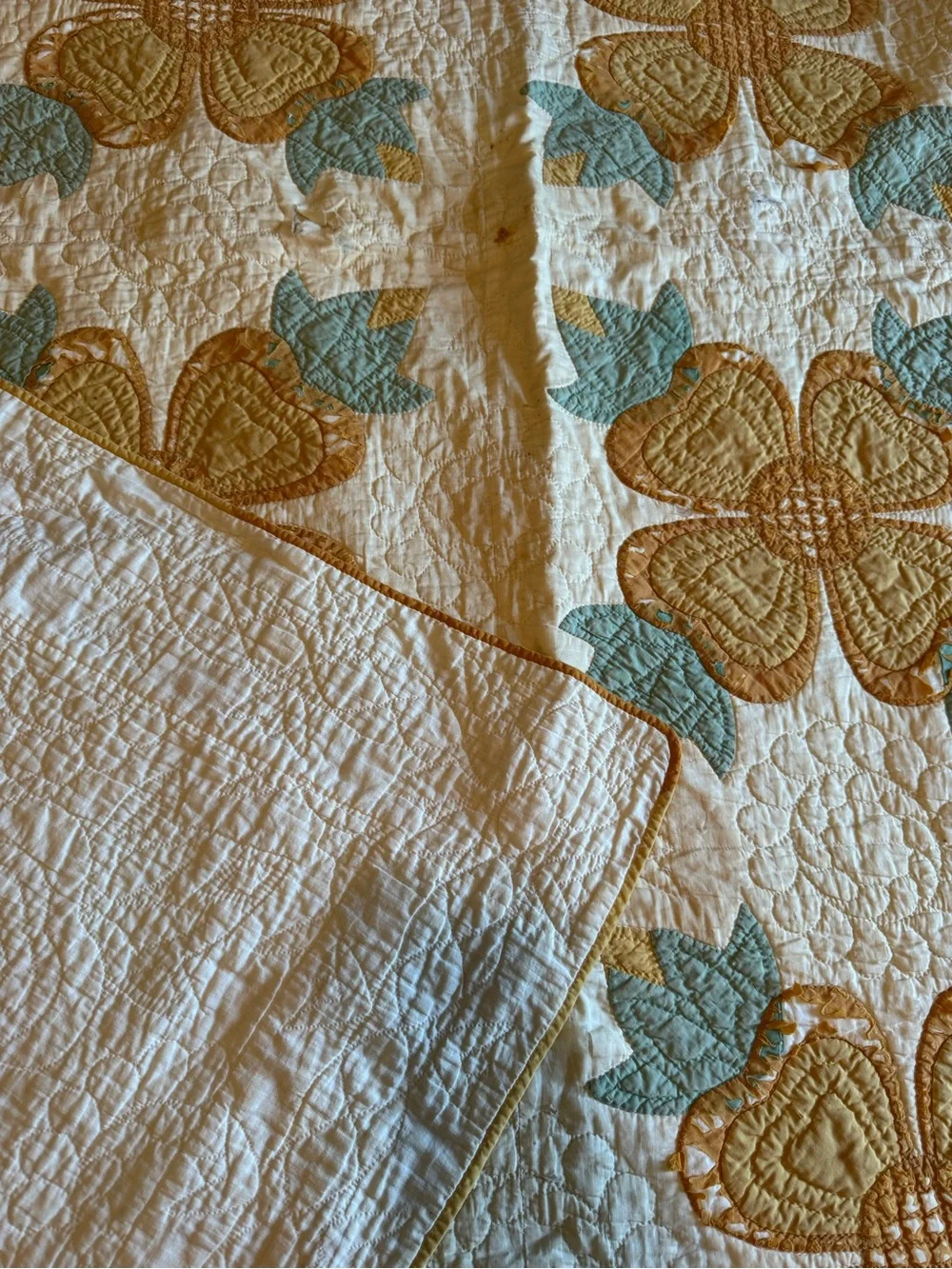 Handmade Vintage Floral Patchwork Quilt in Gold and Cream